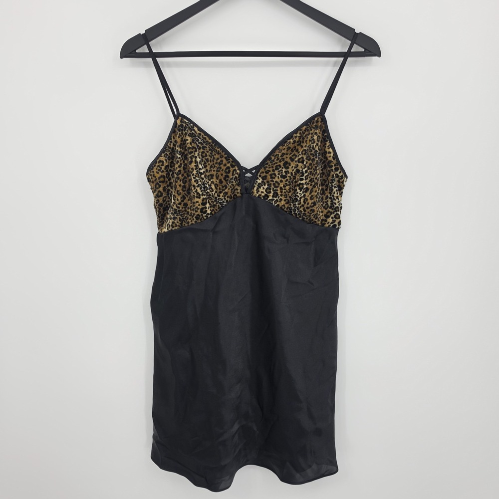 Vtg 90s Y2K Cheetah Leopard Black Satin Mini Slip Dress Sz M Grunge Going Out